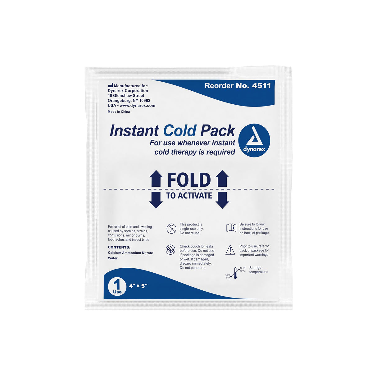 Instant Cold Pack Dynarex General Purpose One Size Fits Most 4 X 5 Inch Plastic / Calcium Ammonium Nitrate / Water Disposable