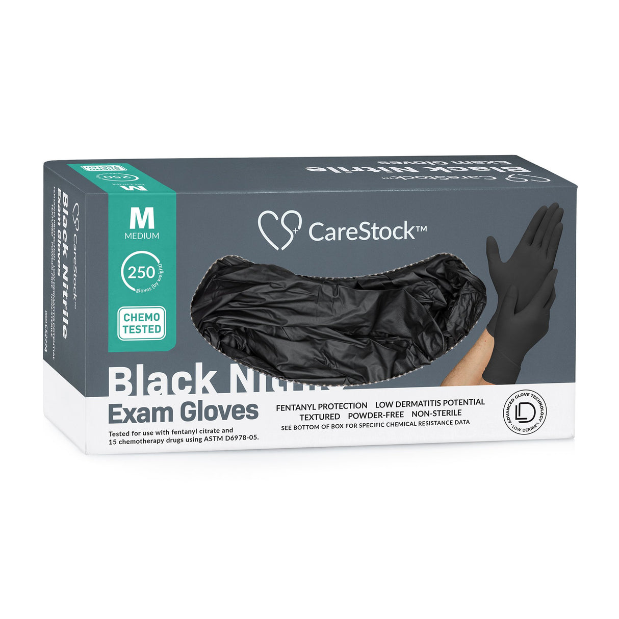 Exam Glove CareStock Medium NonSterile Nitrile Standard Cuff Length Fully Textured Black Not Rated