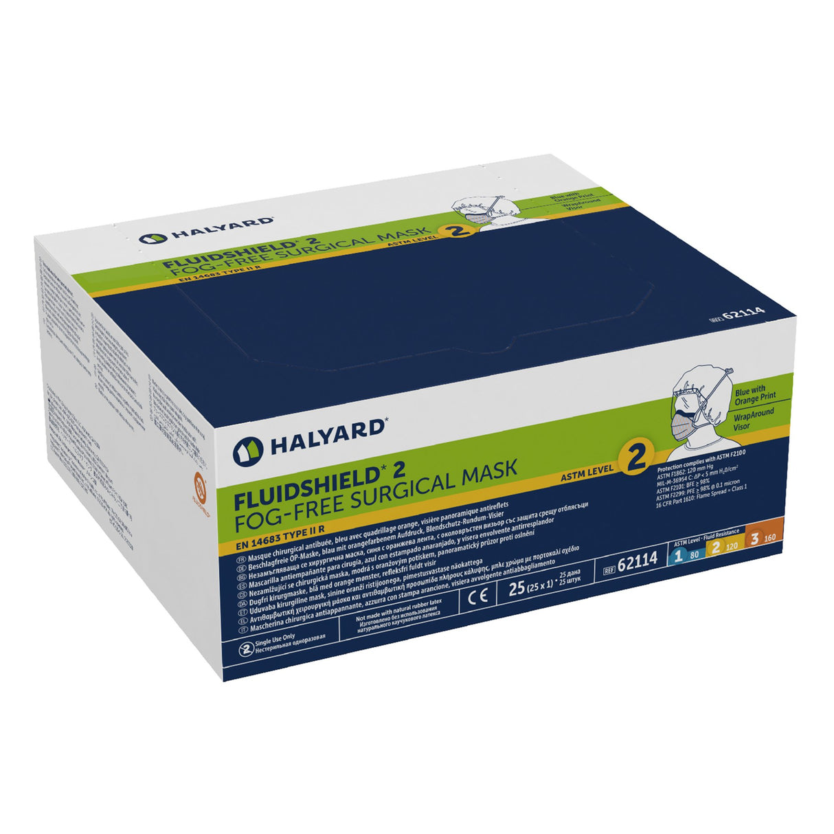 Surgical Mask with Eye Shield FluidShield Anti-fog Foam ASTM F2100-11 Level 2 Tie Closure One Size Fits Most