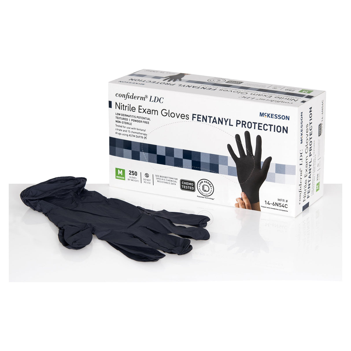 Exam Glove McKesson Confiderm LDC Medium NonSterile Nitrile Standard Cuff Length Fully Textured Black Chemo Tested / Fentanyl Tested