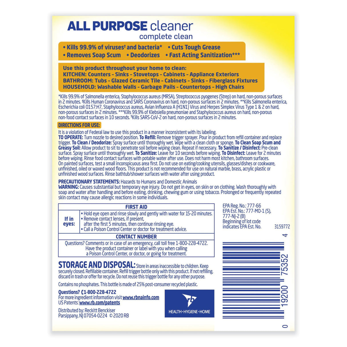 Lysol All Purpose Surface Disinfectant Cleaner Pump Spray Liquid 32 oz. Bottle Lemon Breeze Scent NonSterile