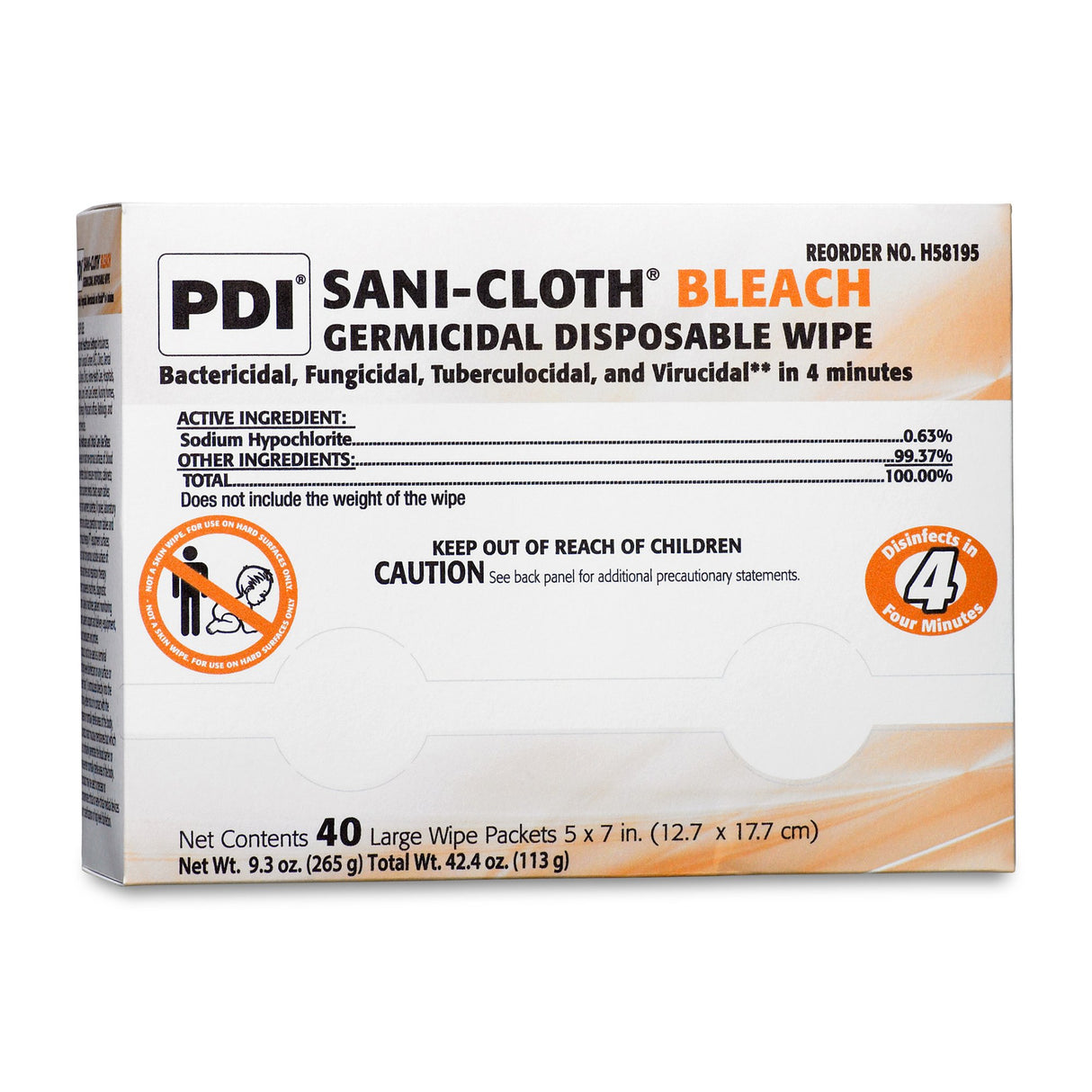 Sani-Cloth Bleach Surface Disinfectant Cleaner Premoistened Germicidal Manual Pull Wipe 40 Count Individual Packet Chlorine Scent NonSterile