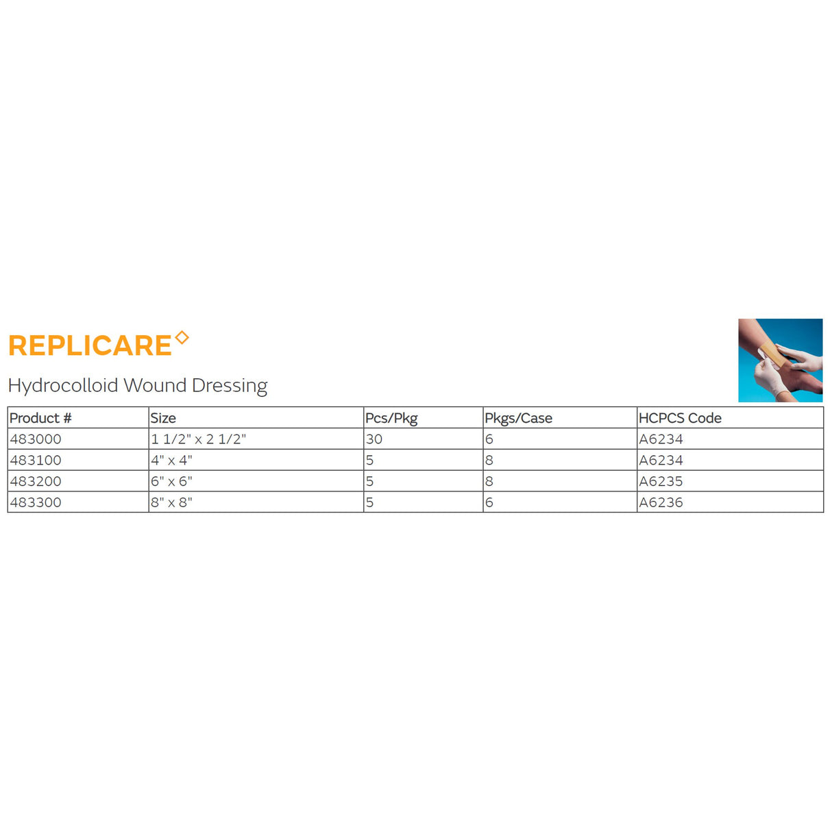 Hydrocolloid Dressing Replicare Film Backing 4 X 4 Inch Square Hydrocolloid / Film