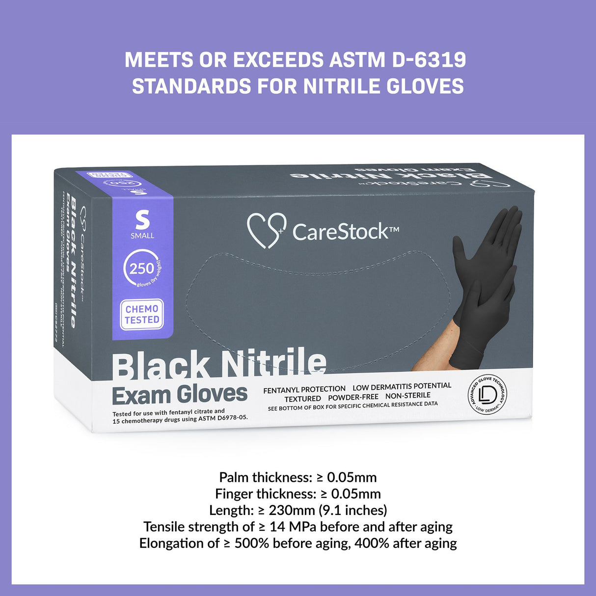 Exam Glove CareStock Small NonSterile Nitrile Standard Cuff Length Fully Textured Black Not Rated