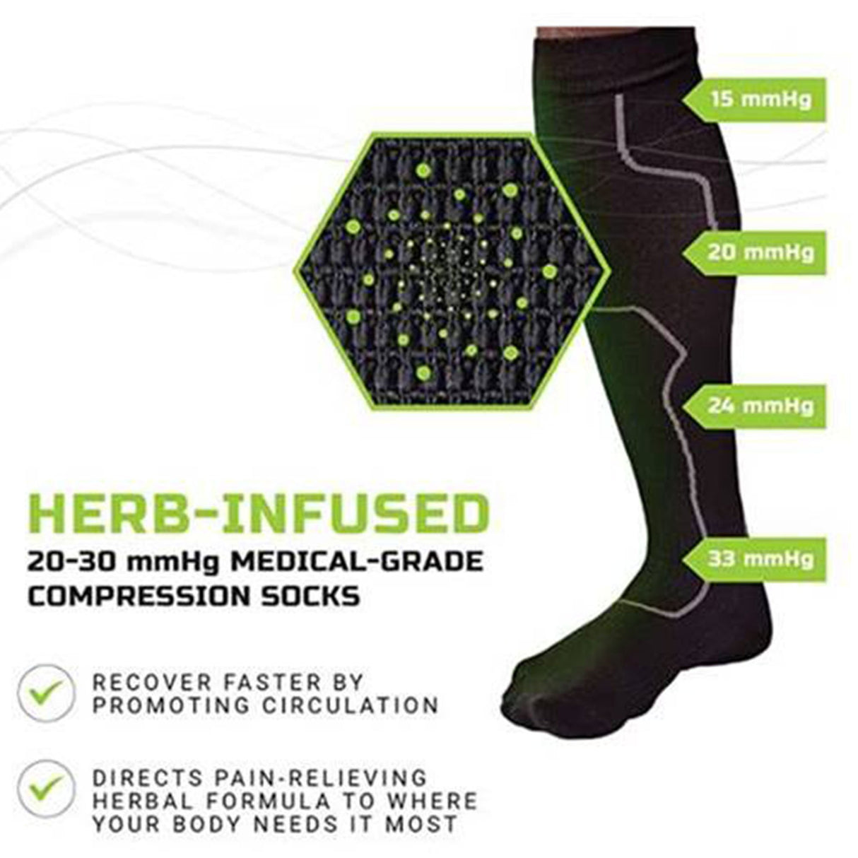Compression Socks Green Drop Knee High Large / X-Large Black Closed Toe