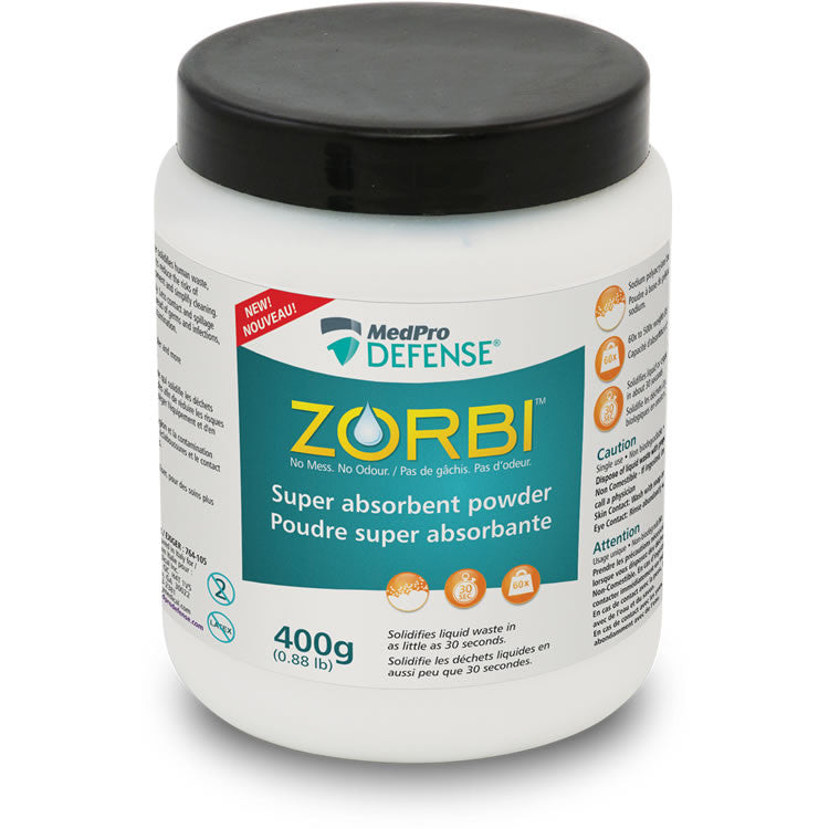 Polvo absorbente Zorbi para secreciones y fluidos corporales, frasco de 400 g, 1 unidad