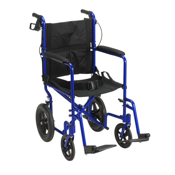 Fauteuil roulant de transport léger avec freins à main, bleu
