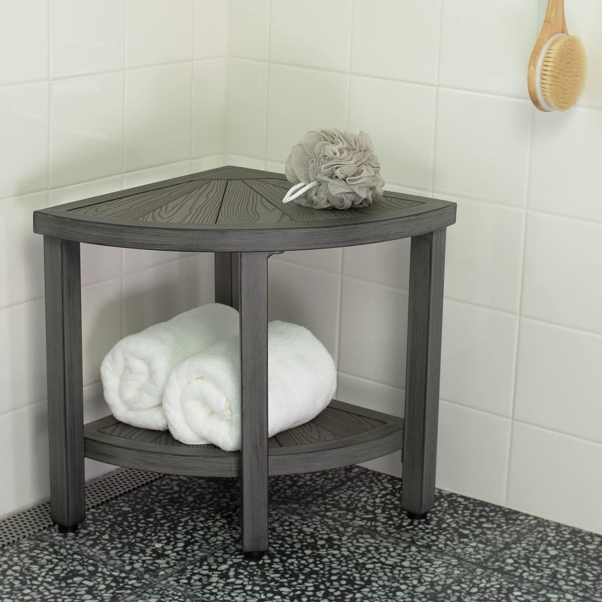 Bathroom corner bench with faux wood