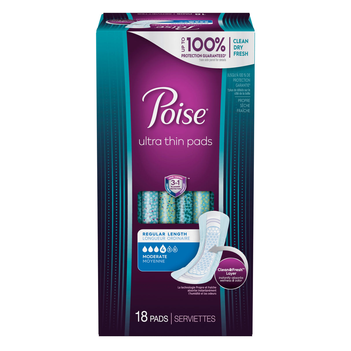 Poise Ultra Thin Moderate Regular Toallas sanitarias sin aletas Regular