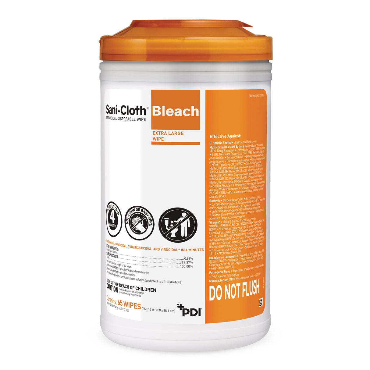 Sani-Cloth Bleach Surface Disinfectant Cleaner Premoistened Germicidal Manual Pull Wipe 65 Count Canister Chlorine Scent NonSterile