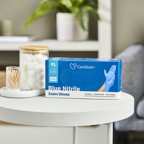 Exam Glove CareStock X-Large NonSterile Nitrile Standard Cuff Length Textured Fingertips Blue Chemo Tested