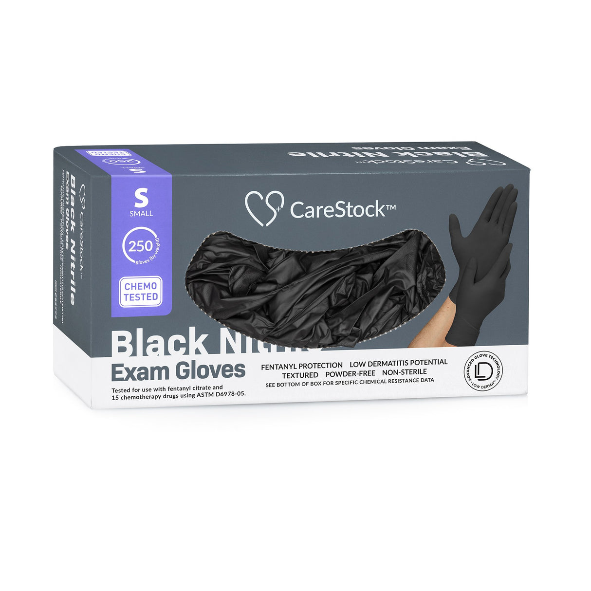 Exam Glove CareStock Small NonSterile Nitrile Standard Cuff Length Fully Textured Black Not Rated