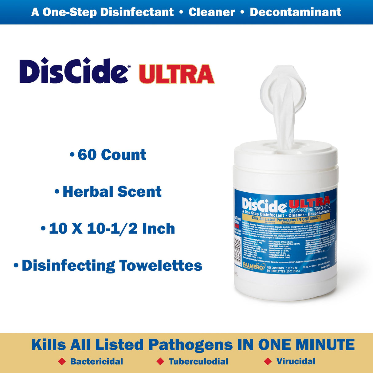 DisCide Ultra Surface Disinfectant Cleaner Premoistened Quaternary Based Manual Pull Wipe 60 Count Canister Herbal Scent NonSterile