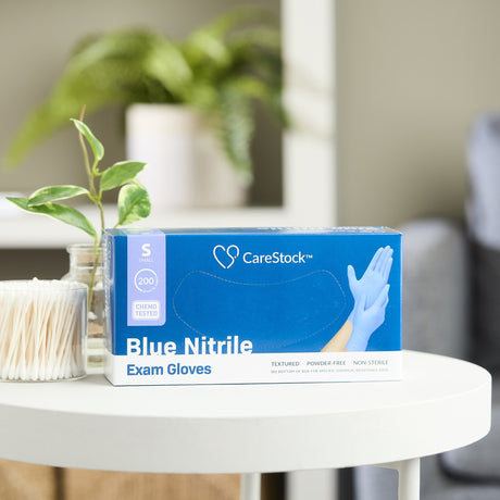 Exam Glove CareStock Small NonSterile Nitrile Standard Cuff Length Textured Fingertips Blue Chemo Tested