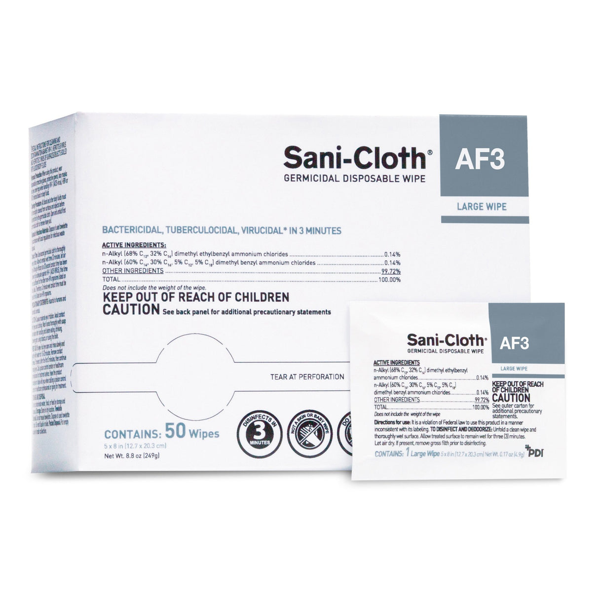 Sani-Cloth AF3 Surface Disinfectant Cleaner Premoistened Germicidal Manual Pull Wipe 50 Count Individual Packet Unscented NonSterile