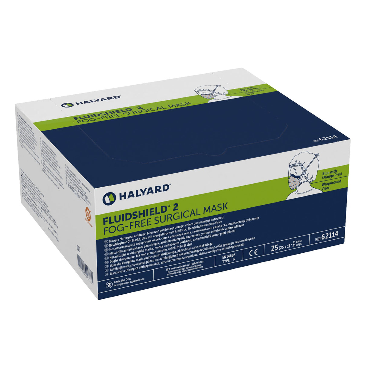 Surgical Mask with Eye Shield FluidShield Anti-fog Foam ASTM F2100-11 Level 2 Tie Closure One Size Fits Most
