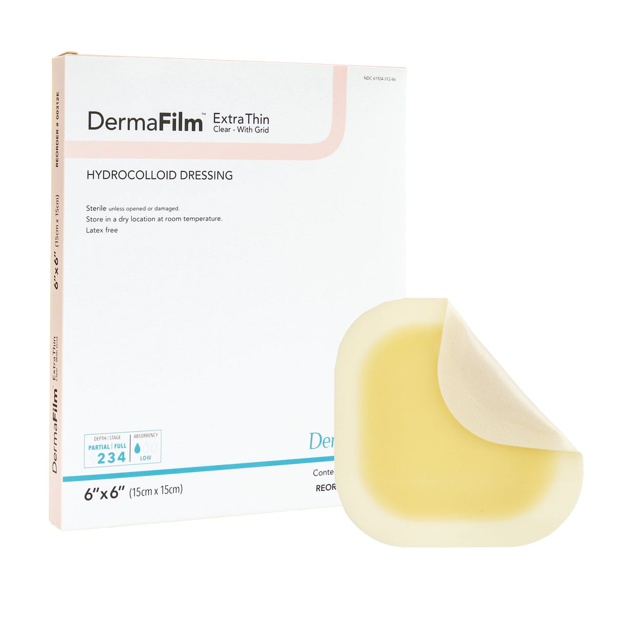 Thin Hydrocolloid Dressing DermaFilm Film Backing 6 X 6 Inch Square Hydrocolloid / Film
