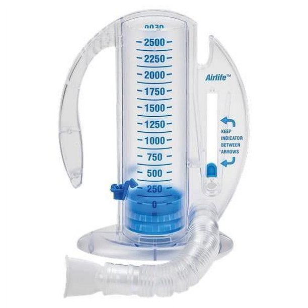 (Caja de 12) Espirómetro incentivador volumétrico Airlife con válvula unidireccional, tubo flexible de 4000 ml con soporte para boquilla