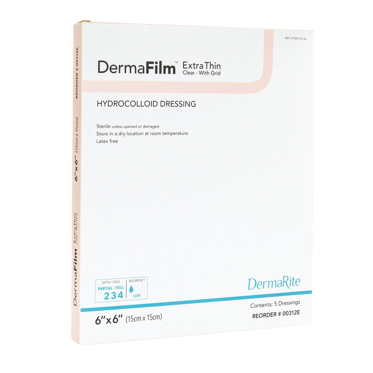 Thin Hydrocolloid Dressing DermaFilm Film Backing 6 X 6 Inch Square Hydrocolloid / Film
