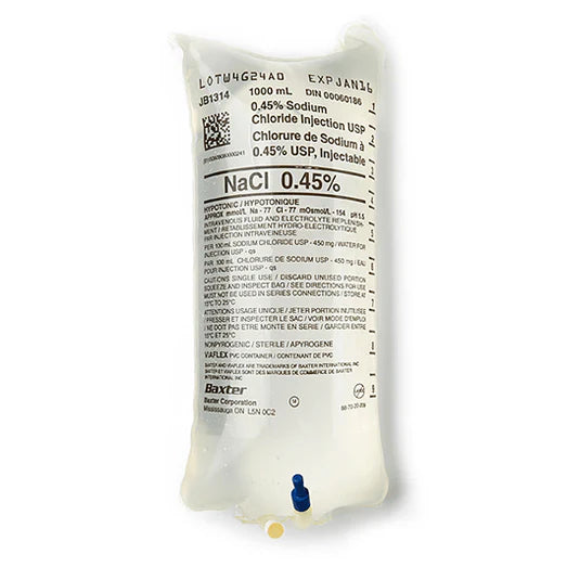 (Case of 12)  Normal Saline 0.45% Sodium Chloride 1000Ml Bag For Injection