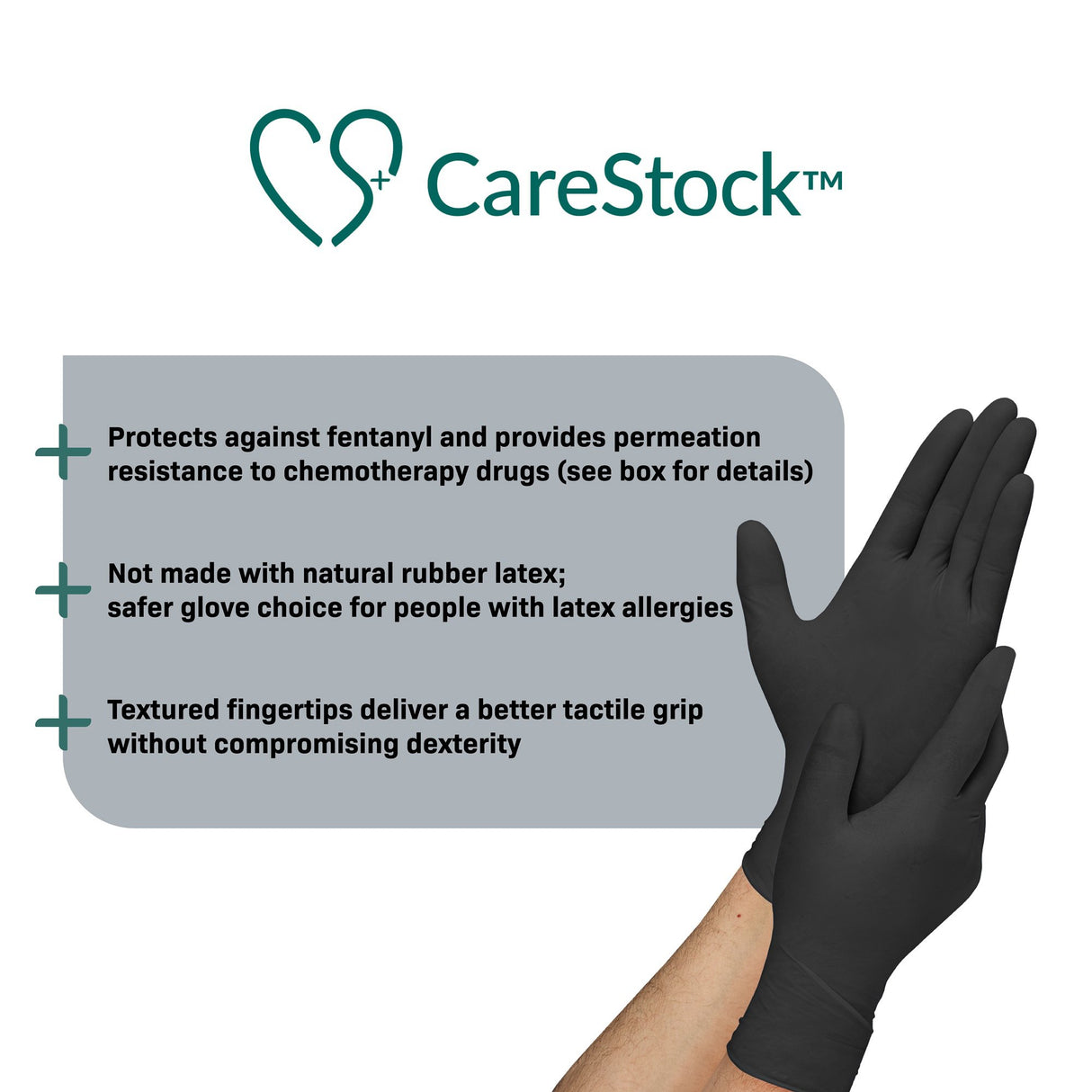 Exam Glove CareStock X-Large NonSterile Nitrile Standard Cuff Length Fully Textured Black Not Rated