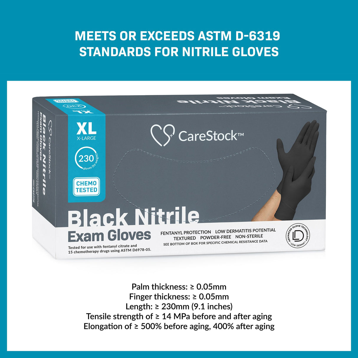 Exam Glove CareStock X-Large NonSterile Nitrile Standard Cuff Length Fully Textured Black Not Rated