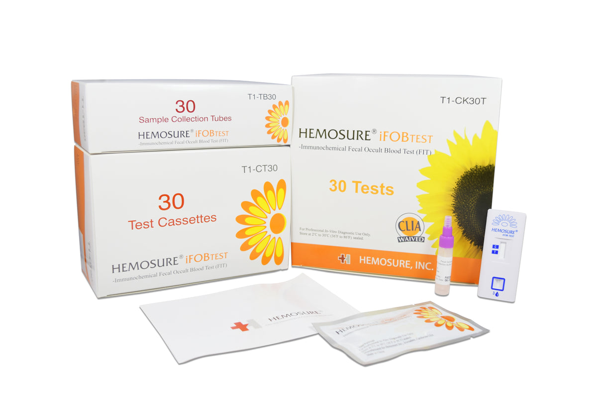 Cancer Screening Test Kit Hemosure Fecal Occult Blood Test (iFOB or FIT) 30 Tests CLIA Waived