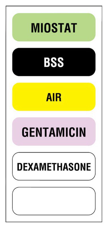 Pre-Printed Label UAL Anesthesia Label Multicolored Paper Miostat Bss Air Gentamicin Dexamethasone Black / White Medication Instruction 1/2 X 1-1/2 Inch