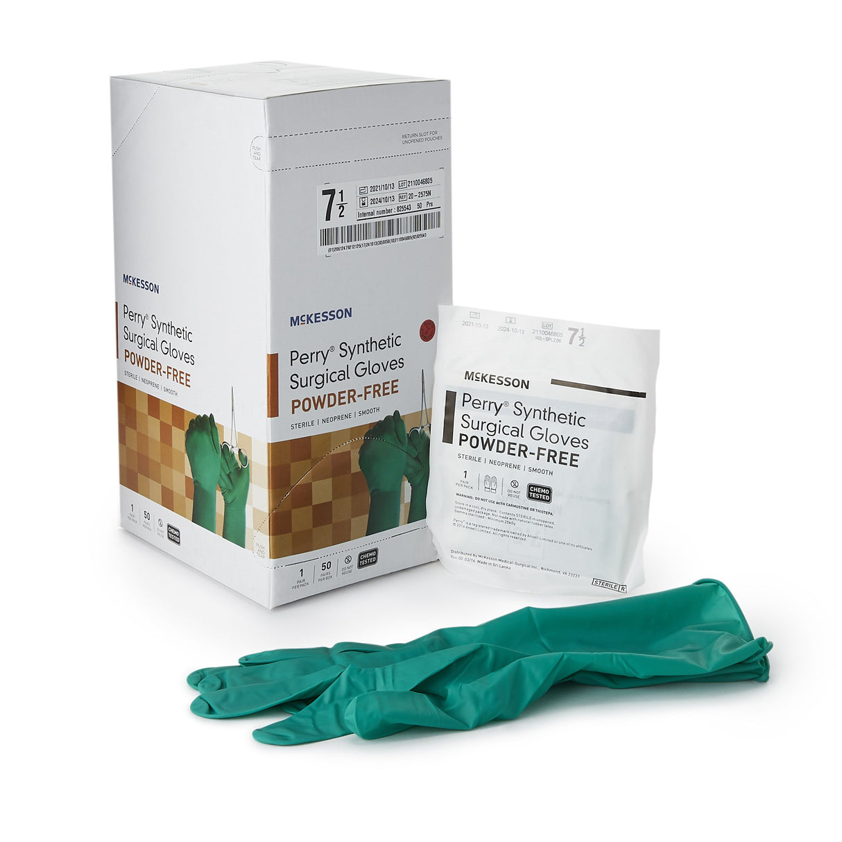 Surgical Glove McKesson Perry Performance Plus Size 7.5 Sterile Polychloroprene Standard Cuff Length Smooth Dark Green Chemo Tested