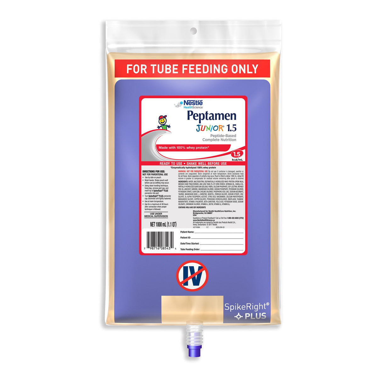 Pediatric Tube Feeding Formula Peptamen Junior 1.5 Unflavored 1000 mL Bag Liquid Whey Protein Impaired GI Function