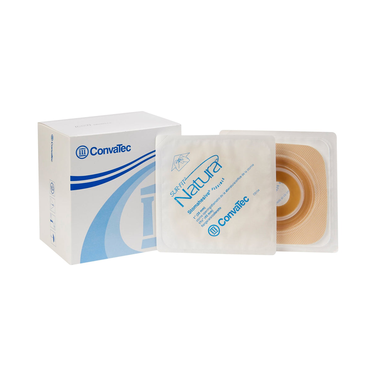 Ostomy Barrier Sur-Fit Natura Precut, Standard Wear Stomahesive Adhesive 45 mm Flange Sur-Fit Natura System Hydrocolloid 1 Inch Opening 4 X 4 Inch