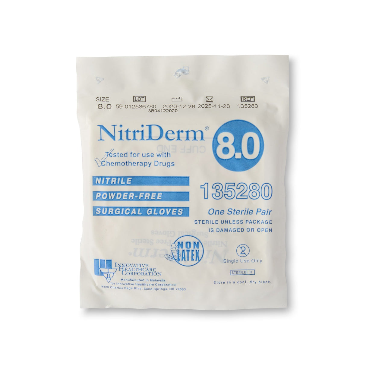 Surgical Glove NitriDerm Size 8 Sterile Nitrile Standard Cuff Length Fully Textured White Chemo Tested