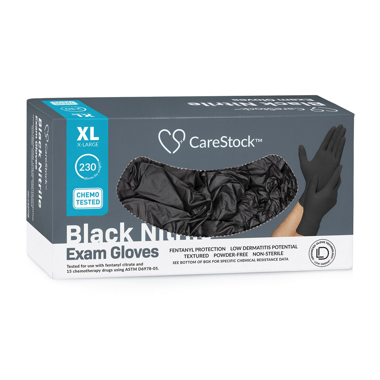 Exam Glove CareStock X-Large NonSterile Nitrile Standard Cuff Length Fully Textured Black Not Rated