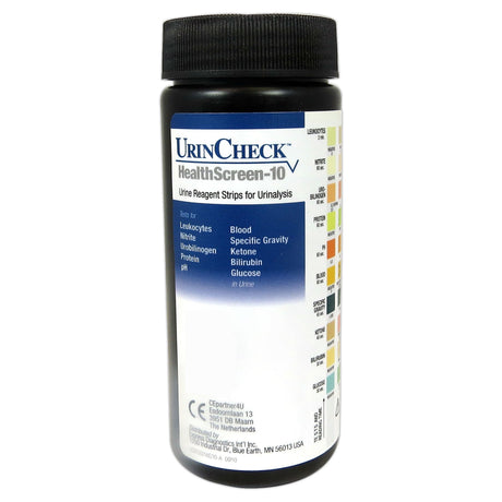 Urinalysis Test Kit UrinCheck HealthScreen-10 Bilirubin, Blood, Glucose, Ketone, Leukocytes, Nitrite, pH, Protein, Specific Gravity, Urobilinogen 100 Tests CLIA Waived