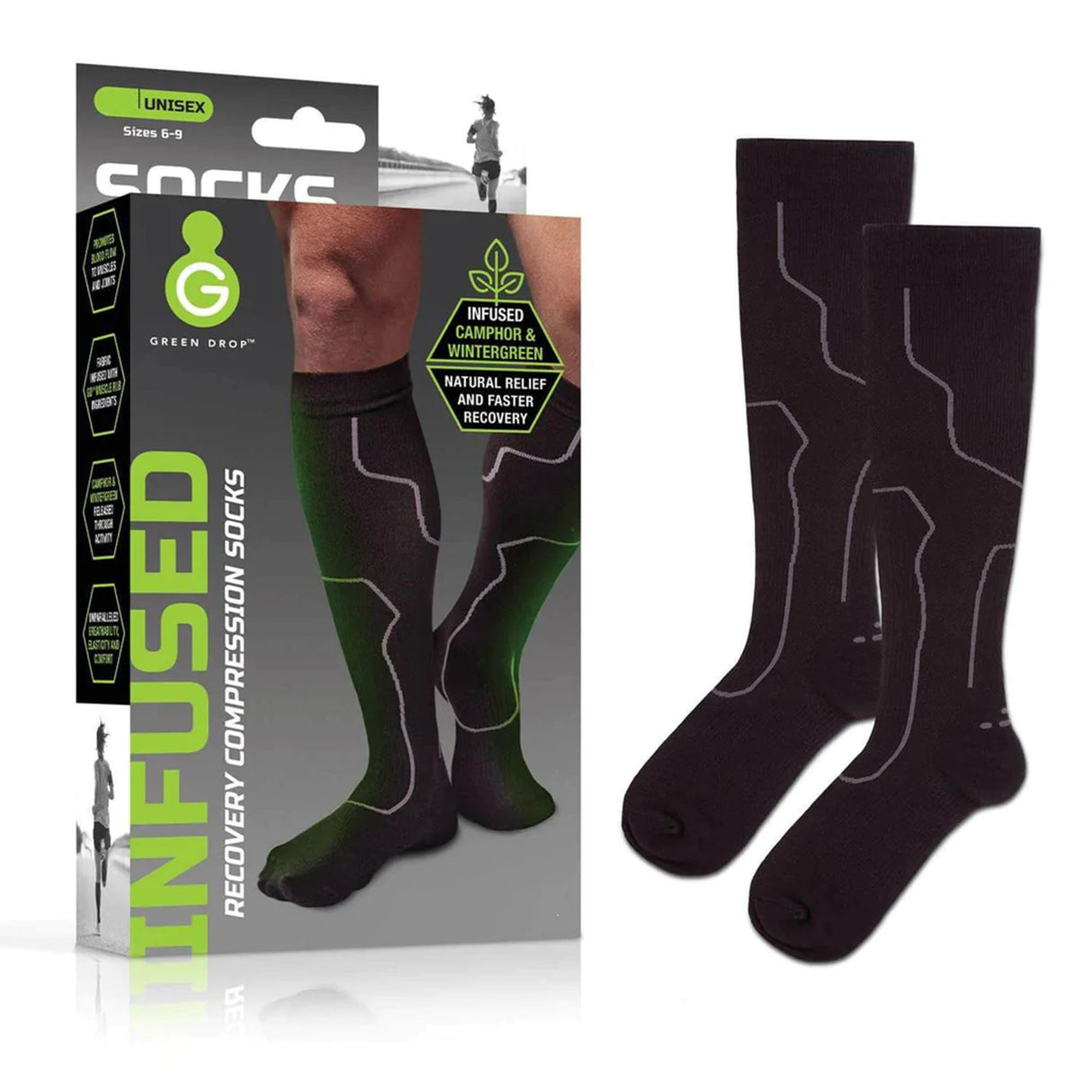 Compression Socks Green Drop Knee High Large / X-Large Black Closed Toe