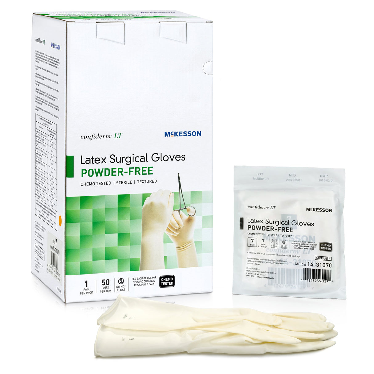 Surgical Glove Confiderm LT Size 7 Sterile Latex Standard Cuff Length Fully Textured Ivory Chemo Tested