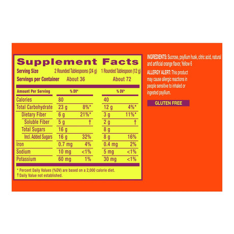 Fiber Supplement Metamucil Orange Flavor Powder 30 oz. 3.4 Gram Strength Psyllium Husk