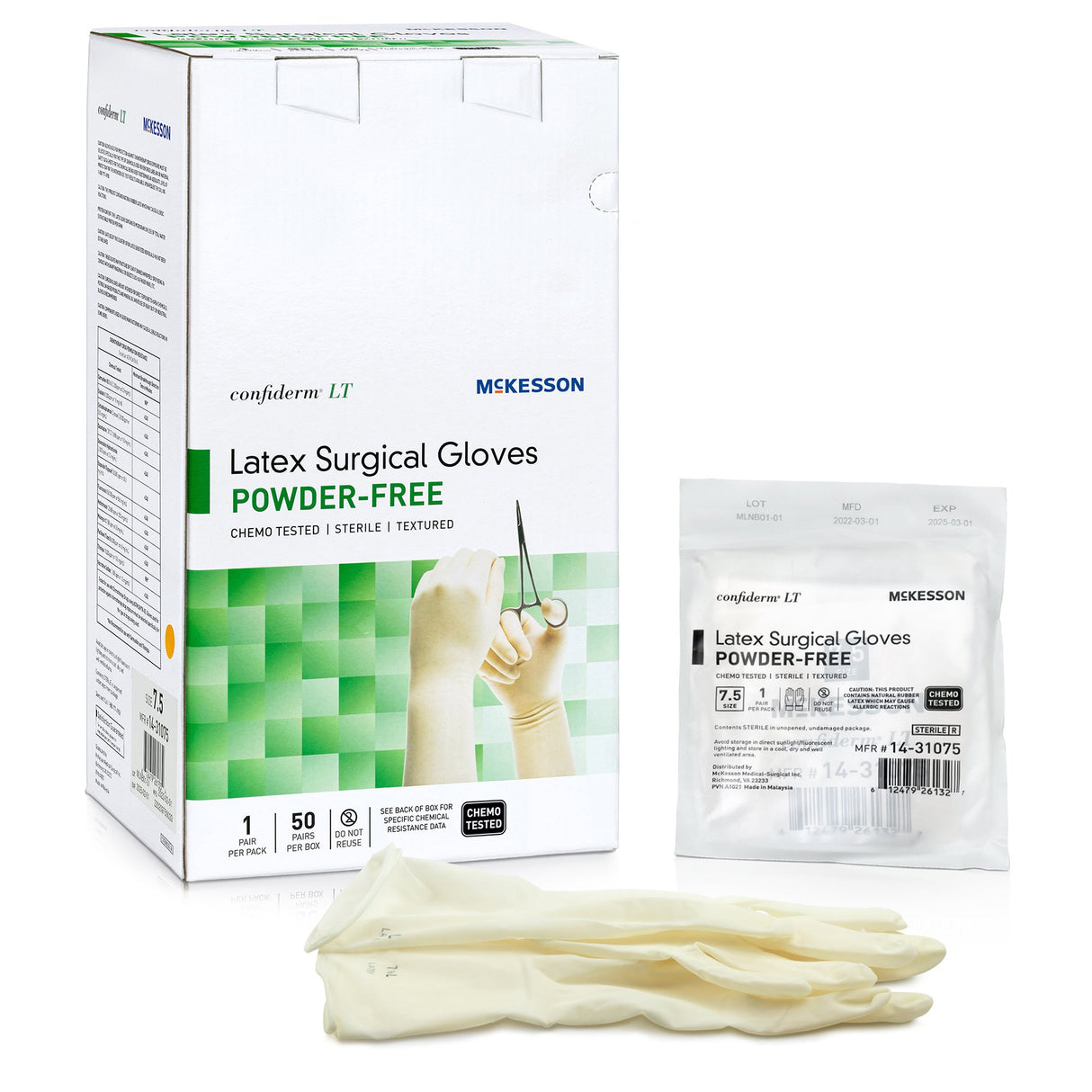 Surgical Glove Confiderm LT Size 7.5 Sterile Latex Standard Cuff Length Fully Textured Ivory Chemo Tested