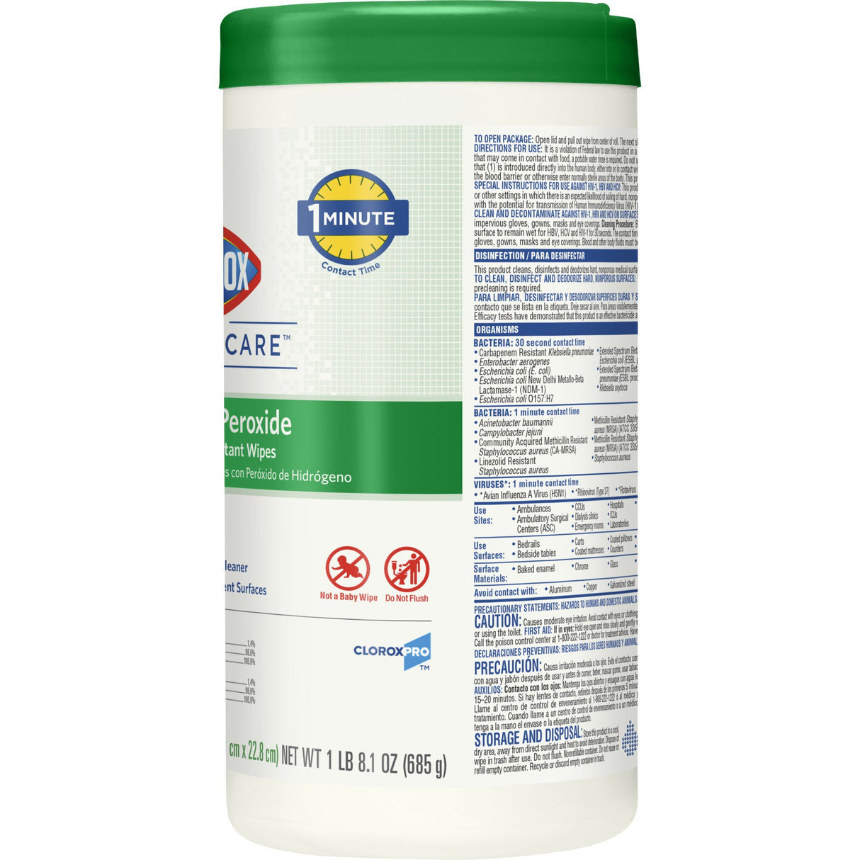 Clorox Healthcare Surface Disinfectant Cleaner Premoistened Hydrogen Peroxide Based Manual Pull Wipe 95 Count Canister Unscented NonSterile