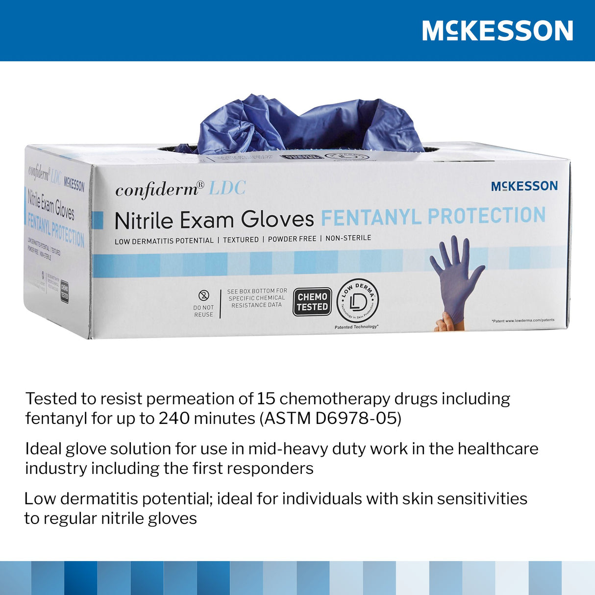 Exam Glove McKesson Confiderm LDC Large NonSterile Nitrile Standard Cuff Length Fully Textured Blue Chemo Tested / Fentanyl Tested