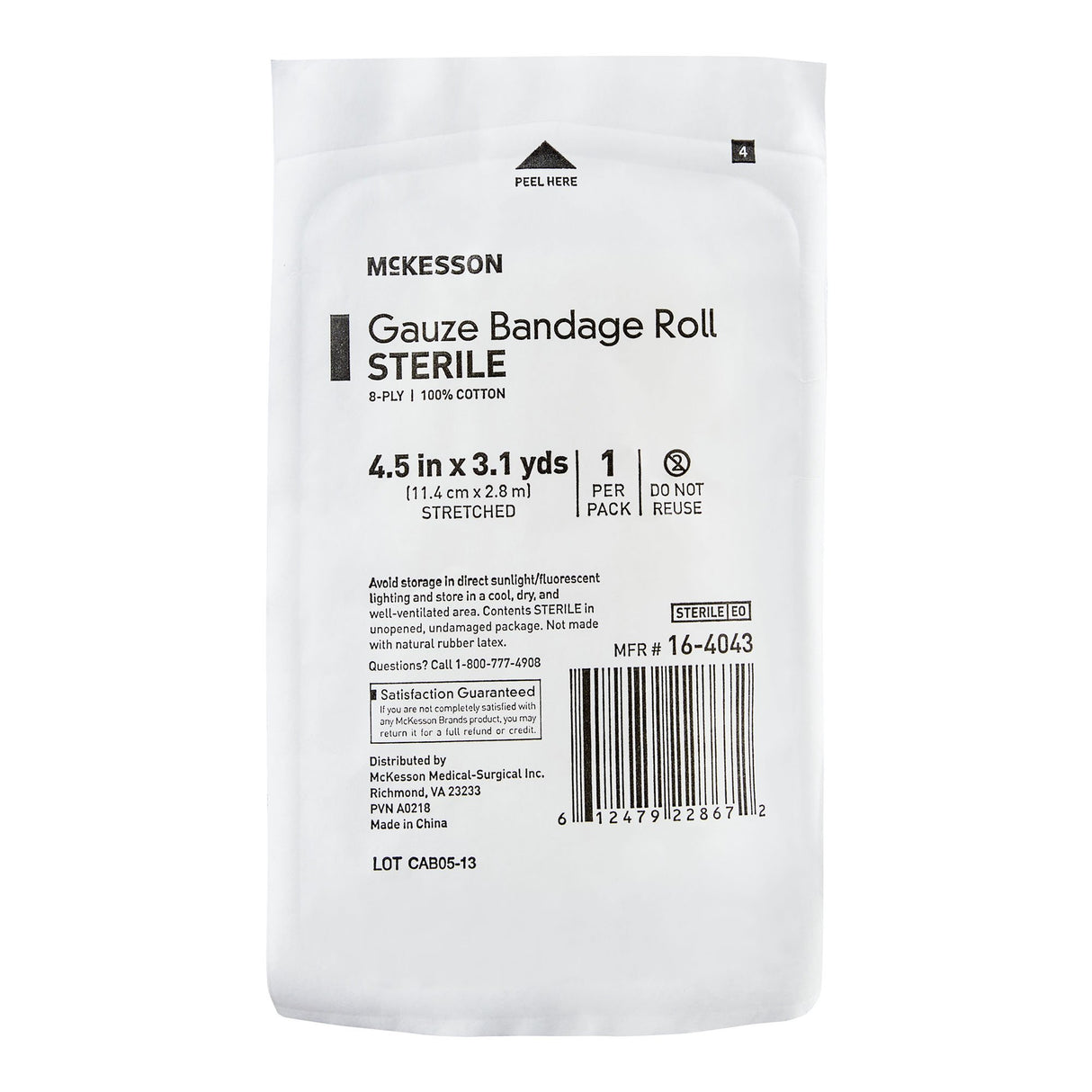 Fluff Bandage Roll McKesson 4-1/2 Inch X 3-1/10 Yard 6-Ply Sterile 1 per Pouch