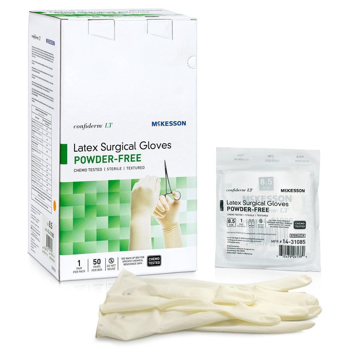 Surgical Glove Confiderm LT Size 8.5 Sterile Latex Standard Cuff Length Fully Textured Ivory Chemo Tested