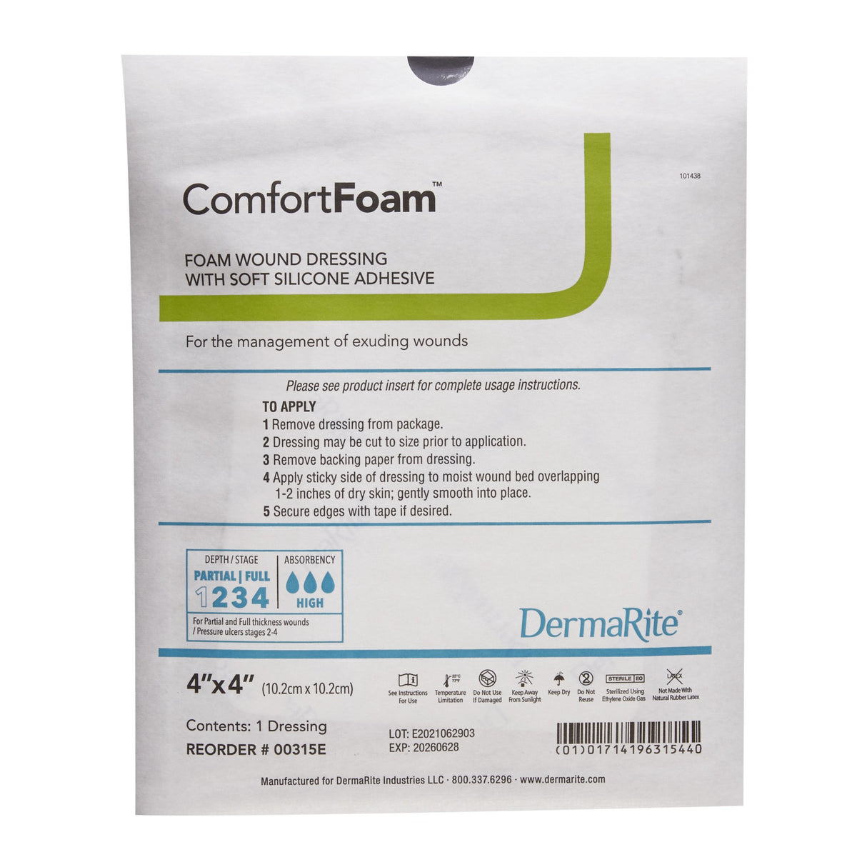 Foam Dressing ComfortFoam 4 X 4 Inch Without Border Film Backing Silicone Face Square Sterile