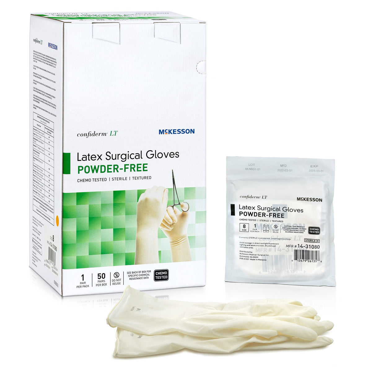 Surgical Glove Confiderm LT Size 8 Sterile Latex Standard Cuff Length Fully Textured Ivory Chemo Tested