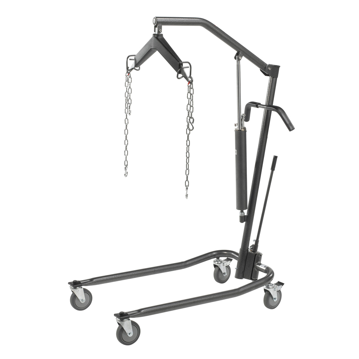 Elevador hidráulico para pacientes con soporte de seis puntos, ruedas de 5", veta plateada