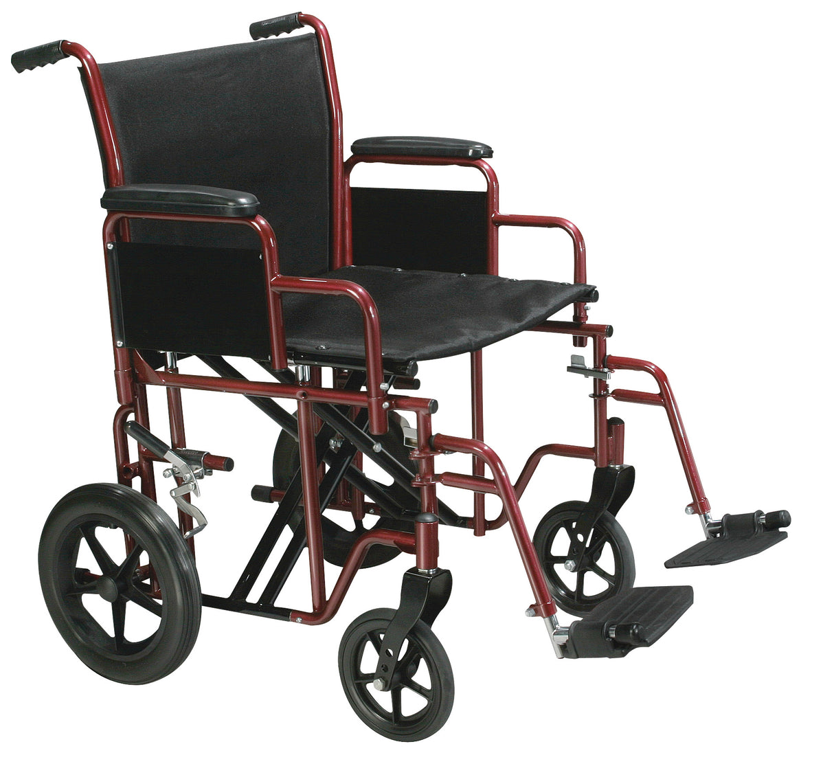 Silla de ruedas de transporte bariátrica de alta resistencia con reposapiés abatible, asiento de 20", color rojo