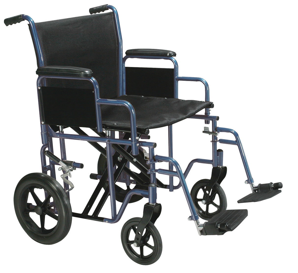 Fauteuil roulant de transport robuste bariatrique avec repose-pieds pivotant, siège de 20 po, bleu