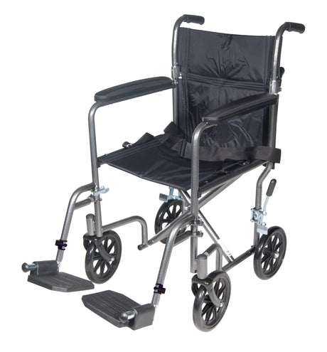 Fauteuil roulant de transport léger en acier, accoudoirs fixes, siège de 17 po